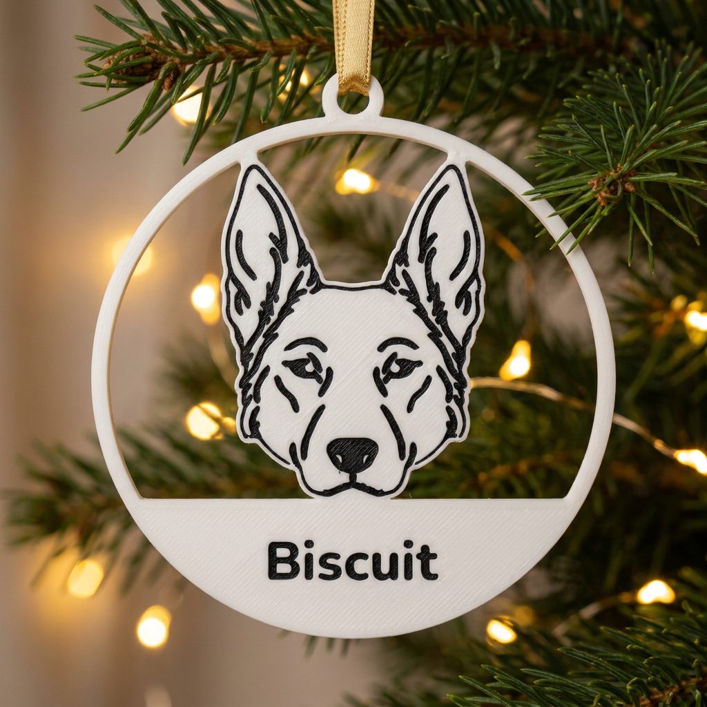 A white 3D-printed ornament with a dog's face drawn in black line art and the name Biscuit, hanging from a fir branch by a thin gold ribbon